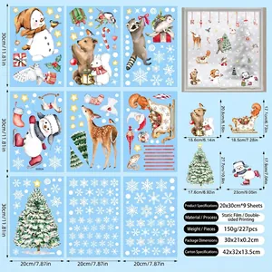 Detail of 9-sheet Christmas window clings showing snowman, reindeer and snowflake patterns