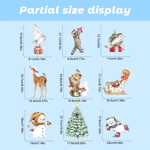 Size chart showing precise dimensions for Christmas animal and snowflake stickers