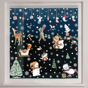 Christmas window decals with watercolor animals, snowmen and trees for holiday home decor