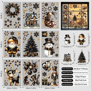 Détails de 9 feuilles d'autocollants de Noël noir et or montrant un ensemble de 101 pièces