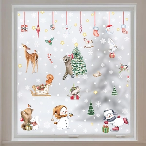 Detailed watercolor Christmas window decals featuring forest animals and snowflakes