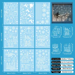 Detail of 9-sheet Christmas window clings set featuring white snow huts and snowflakes