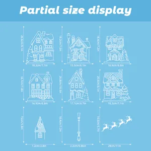 Size chart showing dimensions for white Christmas window stickers including cabins and elks