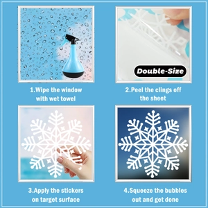 Detail guide showing 4-step installation of white snowflake window clings for Christmas