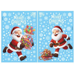 3D Santa Claus and gift sleigh window stickers with snowflakes on blue background
