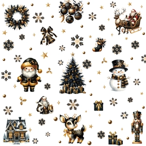 Elegant black and gold Christmas window stickers with reindeer and tree decorations