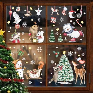 Christmas Window Clings PVC Static Stickers Snowflake Snowman Reindeer Watercolor Animal Double Sided Holiday Decor