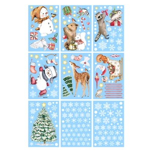 9-sheet set of Christmas window stickers featuring snowman, reindeer and snowflake designs