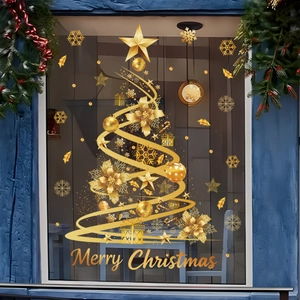 Golden Christmas tree window sticker with snowflakes and stars for holiday glass decoration