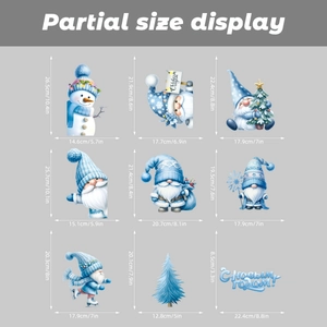 Detailed size guide for blue Christmas window stickers with Russian Happy New Year text