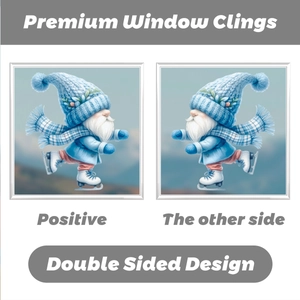Detailed view of double-sided skating gnome window clings with festive winter clothing