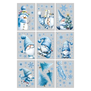 Set of 9 Christmas window stickers featuring blue gnomes, snowmen and snowflakes for decor