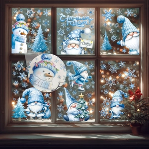 Close-up of winter gnome and snowman window stickers with Russian Happy New Year text