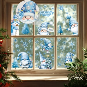 Blue Christmas window stickers set with gnomes, snowman and snowflakes for festive decor