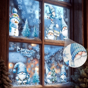 Detail of Russian Christmas window decals with gnomes, snowflakes and New Year text