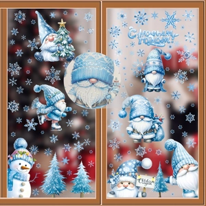 Christmas Gnome Window Clings Set Double Sided Snowflake Snowman Window Stickers For Holiday New Year Home Glass Decoration