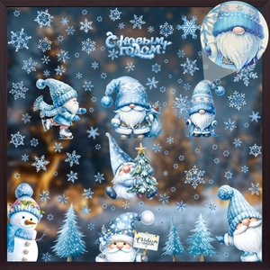 Ice blue Christmas gnome window stickers with snowmen and snowflakes for festive glass decor