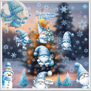 Blue Christmas gnomes and snowman window decals set with snowflakes for holiday glass decor