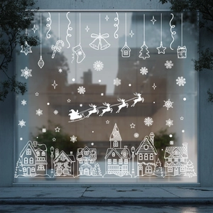Christmas Window Stickers PVC Static Clings White Snowhouse Santa Reindeer Snowflake Patterns For Glass Shop Office Decor
