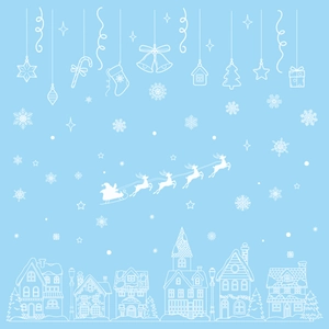 White snowy house Christmas window decals with Santa sleigh on light blue background