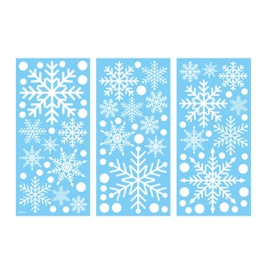 Three-piece winter snowflake window decals set with white snowflake patterns on blue vinyl