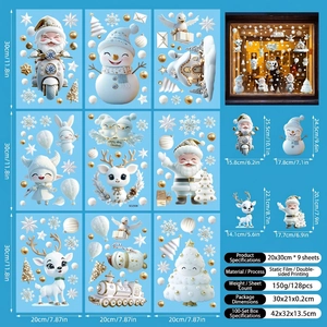 Vue détaillée du lot de 9 stickers de fenêtre 3D de Noël avec Père Noël et bonhomme