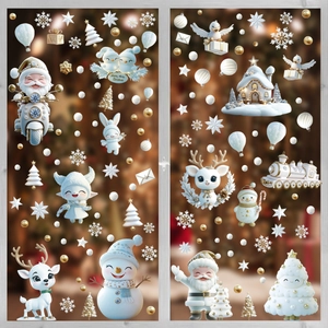 Stickers de fenêtre Noël 3D détaillés avec Père Noël, renne et flocons dorés élégants