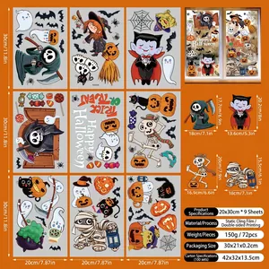 9 sheets of Halloween window clings featuring witches and pumpkins, size 20x30cm per sheet