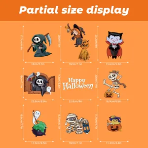Size chart showing 9 Halloween window sticker designs with precise dimensions
