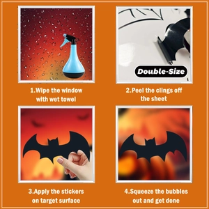 Four-step installation guide for black PVC bat window stickers with double-sided color