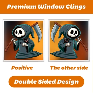 Double-sided Halloween window cling featuring a cartoon reaper and black cat illustration