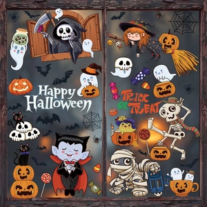 Cartoon Halloween window stickers featuring witch, mummy, and pumpkins for party decor