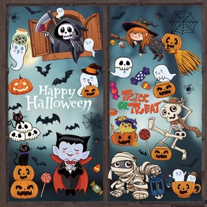 Happy Halloween window stickers with cartoon witch, ghost, and pumpkin decorations