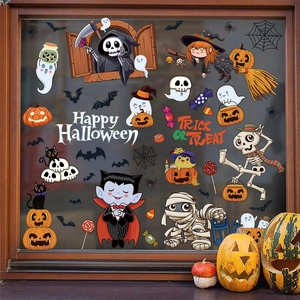 Cartoon Halloween window decals featuring mummies, ghosts and pumpkins for party decor
