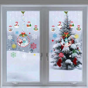 Christmas Window Clings Static PVC Stickers Santa Snowman Snowflake Decals For Glass Holiday Party Decor Home Ornament