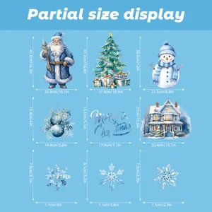 Guide des tailles pour stickers de Noël bleus incluant Père Noël, bonhomme de neige et flocons