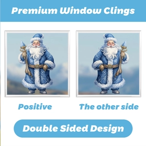 Détail de stickers de fenêtre Père Noël bleus double face montrant le design des deux côtés