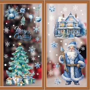 Stickers de Noël bleus pour fenêtres avec Père Noël, sapins et maisons de neige