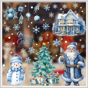 Autocollants de Noël aquarelle bleue avec Père Noël, bonhomme de neige et flocons de neige