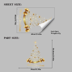 Detailed size chart for golden Christmas tree window stickers showing sheet and final dimensions