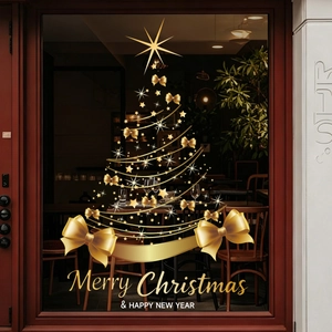 Golden Christmas tree window stickers with Merry Christmas text for festive glass decor