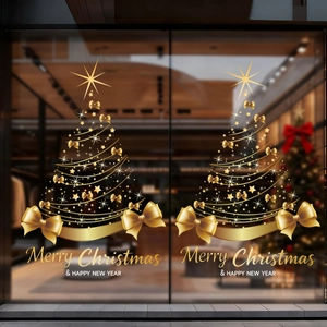 Golden Christmas tree window stickers with Merry Christmas and Happy New Year text decor
