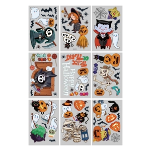 Set of 9 Halloween stickers featuring cartoon ghosts, witches, and pumpkins on white background