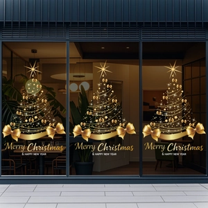 Golden Christmas tree window decals with Merry Christmas and Happy New Year text