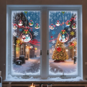 Christmas window static stickers with Santa and snowman on a snowy glass pane