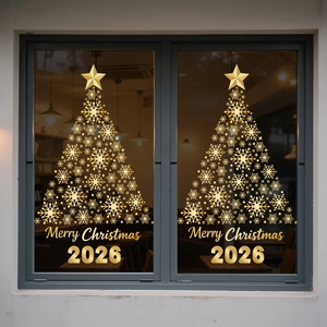 Golden snowflake Christmas tree window sticker for 2026 festive glass door decoration