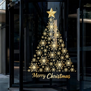 Golden snowflake Christmas tree decal on glass door with Merry Christmas text