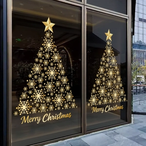 Golden snowflake Christmas tree window stickers with Merry Christmas greeting for glass décor
