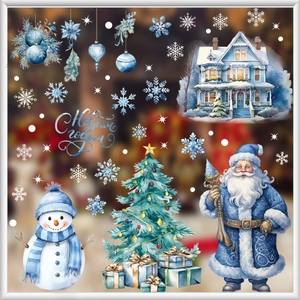 Autocollants Fenêtre Noël PVC Statiques Bleu Père Noël Bonhomme De Neige Double Face Décoration Vitre Fête Vacances