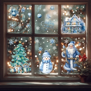 Stickers de Noël bleus pour fenêtres avec Père Noël et vœux de fête en russe